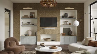 Croft pebble grey fitted living room furniture with shelving and storage
