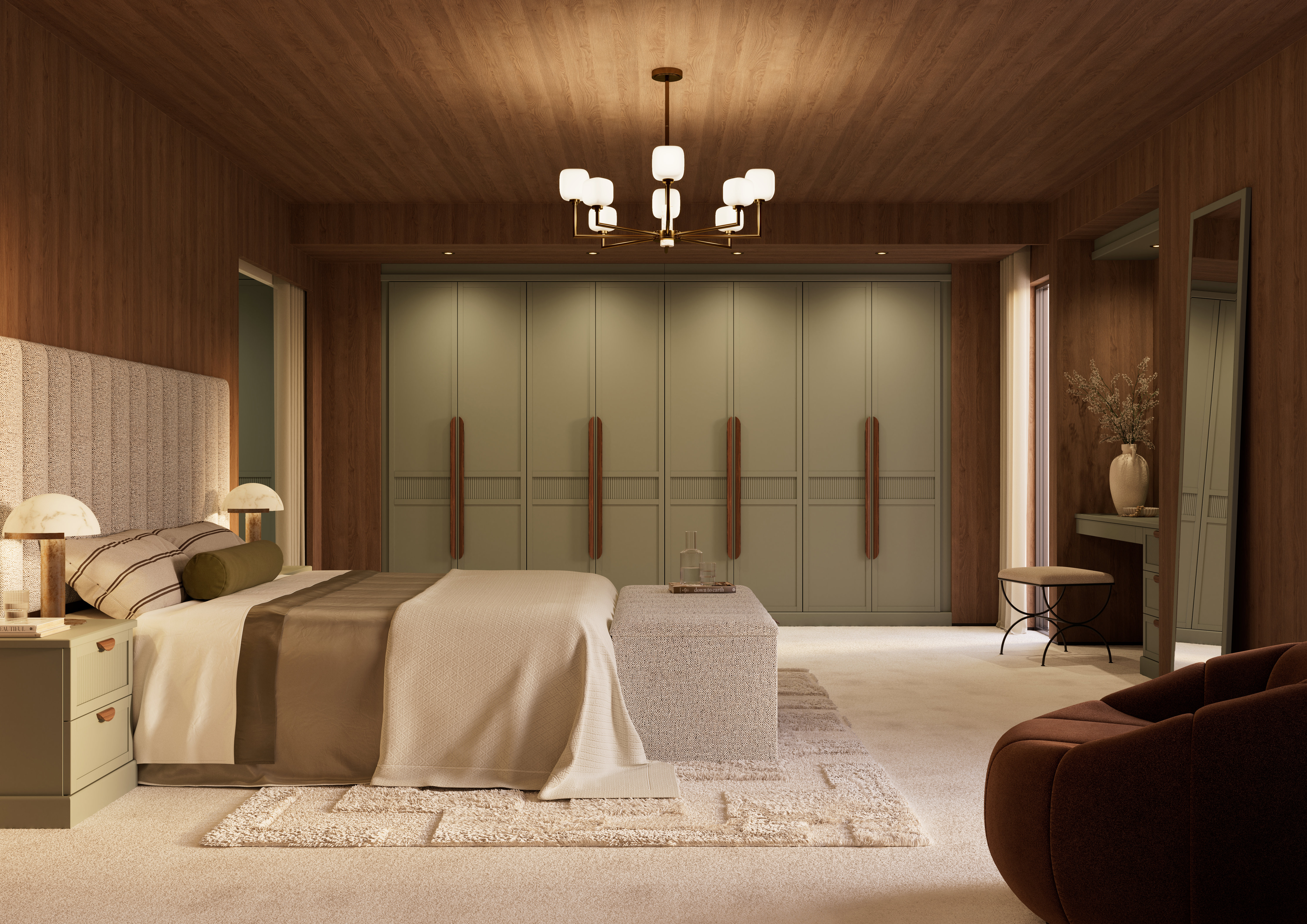 bedroom with modern fitted green wardrobes