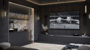 Linje graphite fitted media wall with cinema style living room storage
