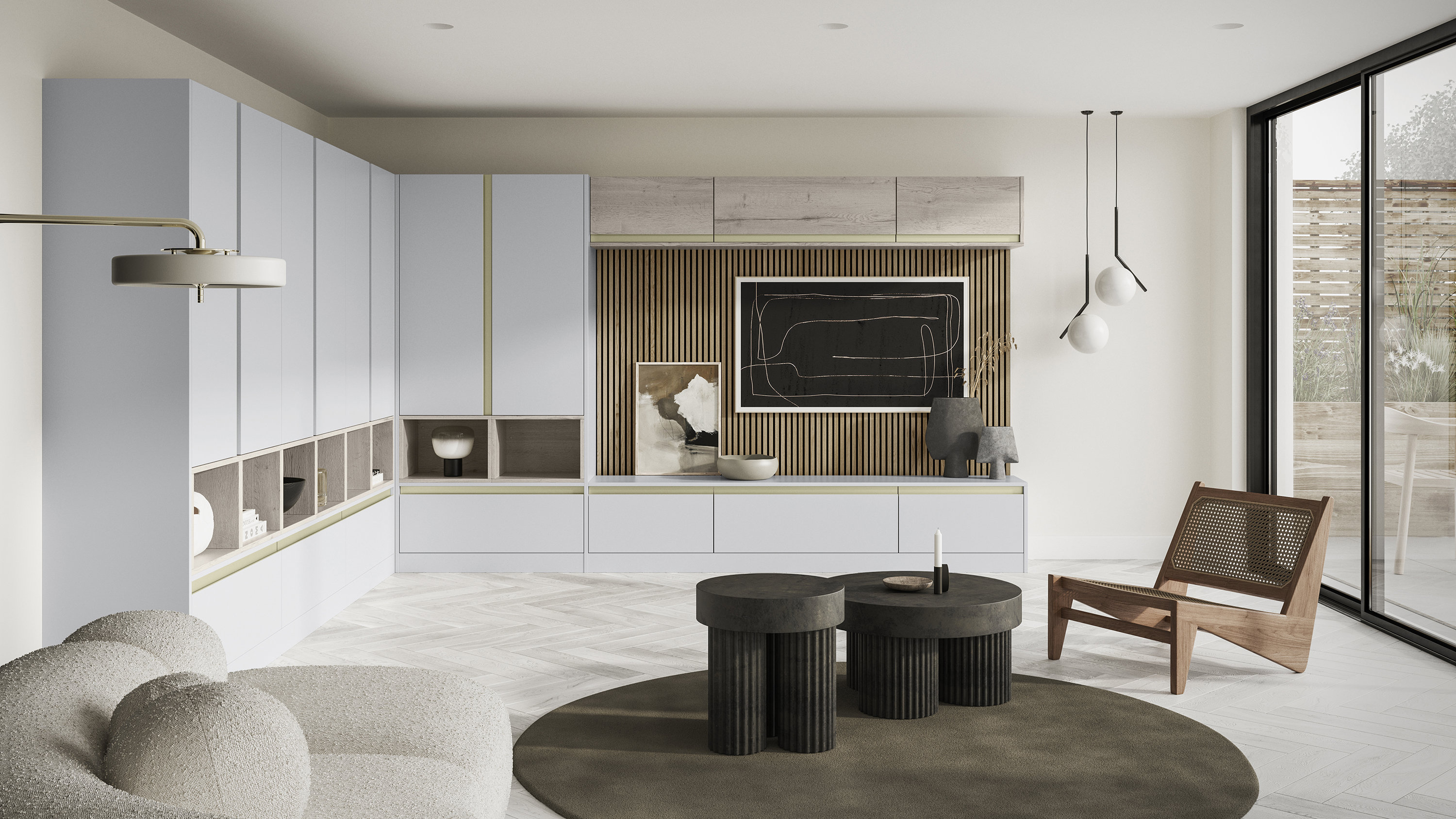 Linje white driftwood fitted living room with natural oak wall panelling
