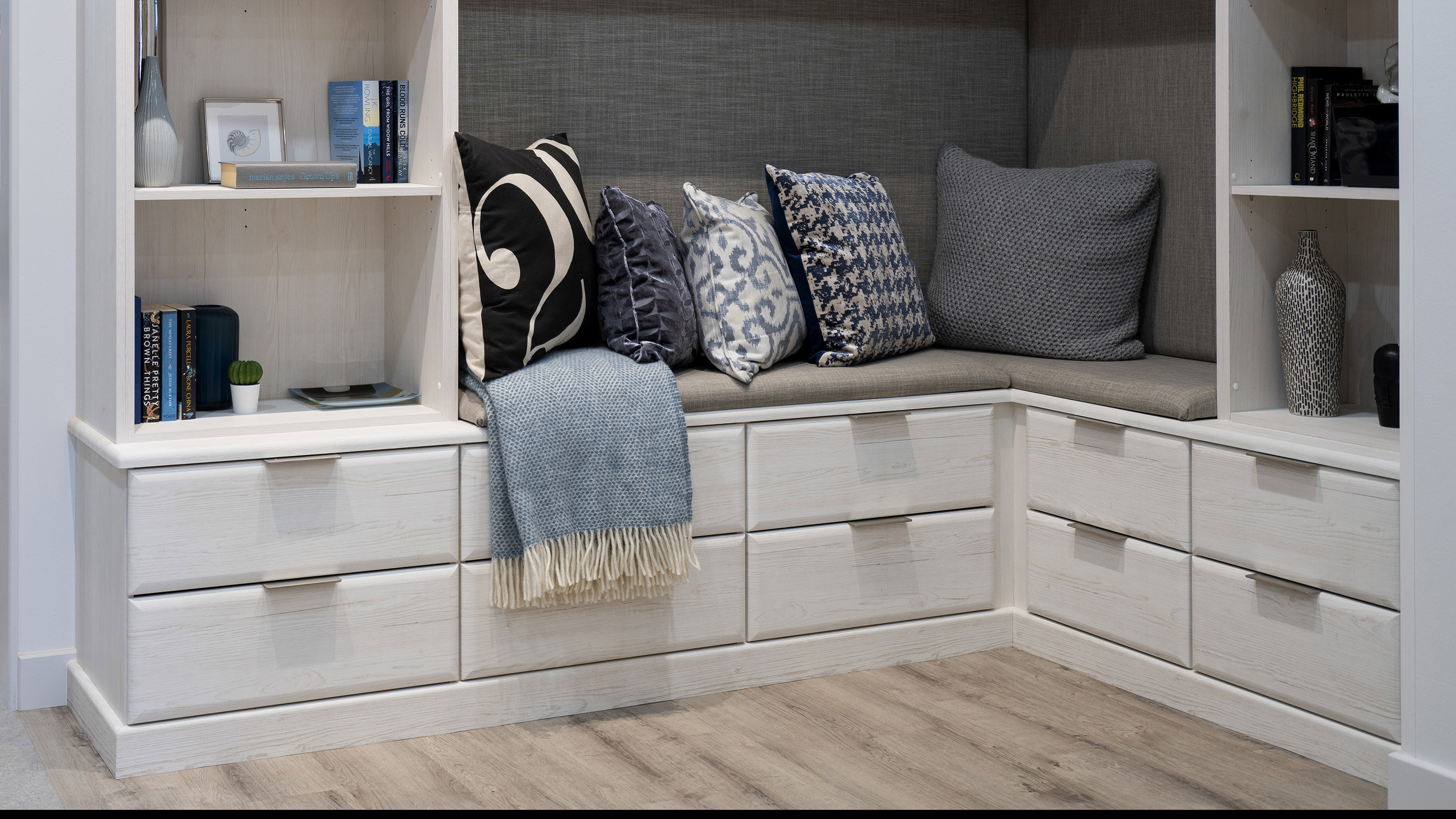 Avon white ash fitted living room furniture in Erdington showroom
