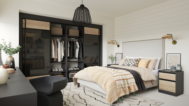 Fitted bedroom furniture in noir glass and tuscan oak