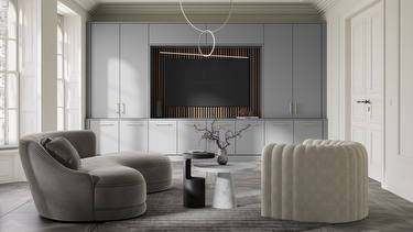 Silver grey fitted living room furniture with cabinets