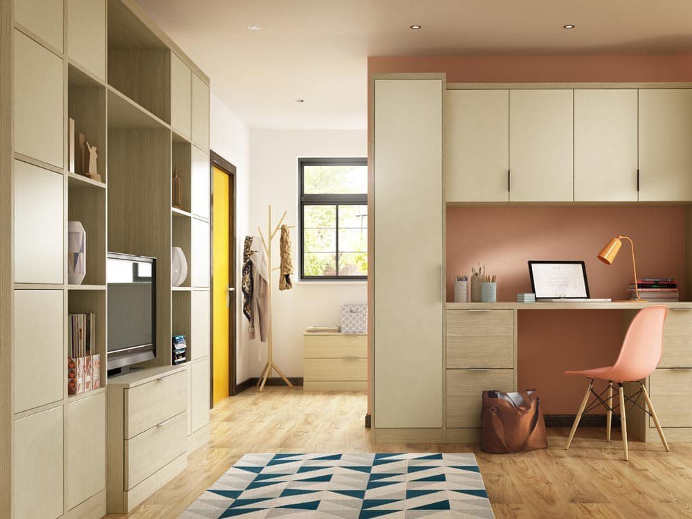 Light wood fitted storage with built in home office