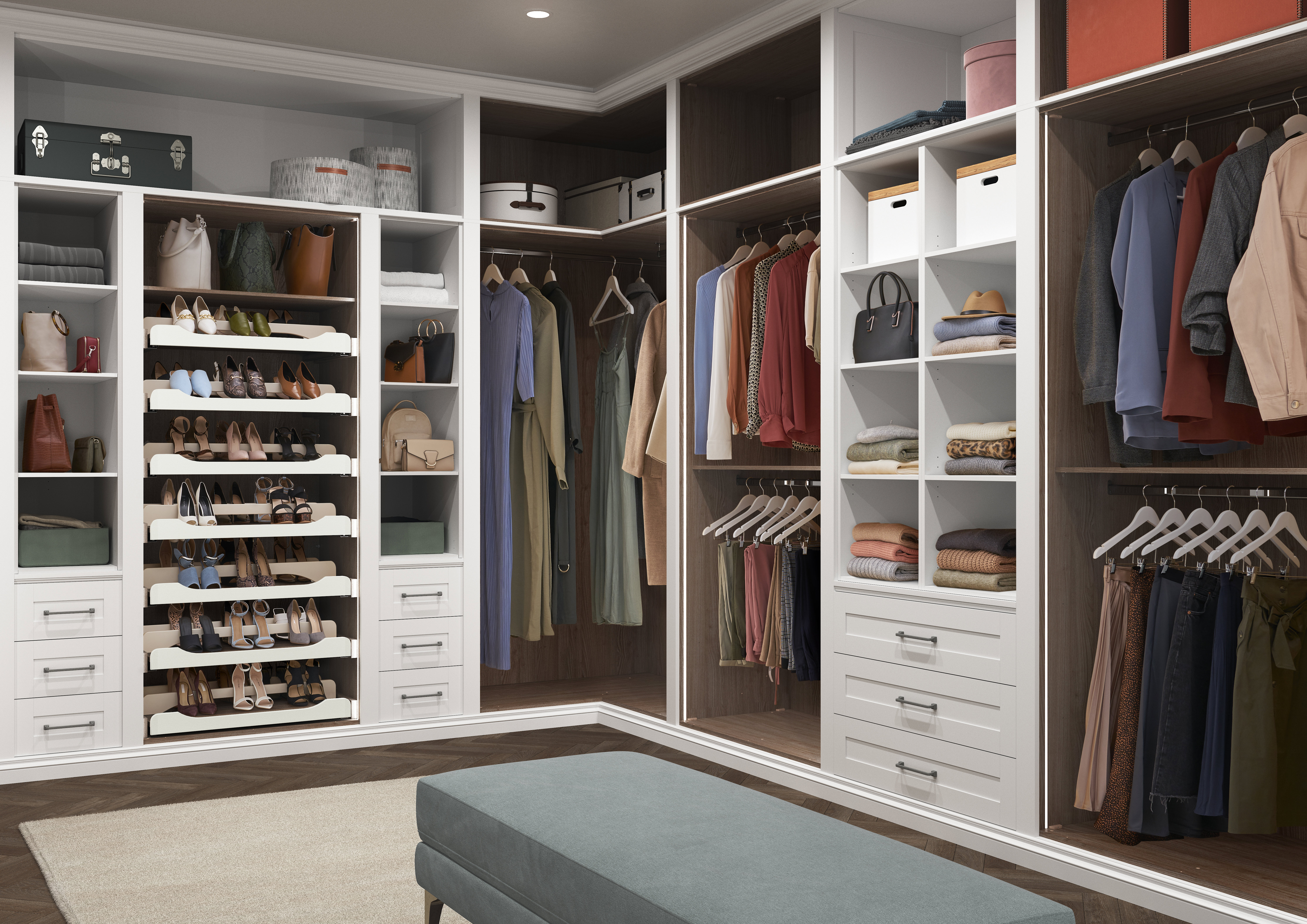 white walk in wardrobe interior