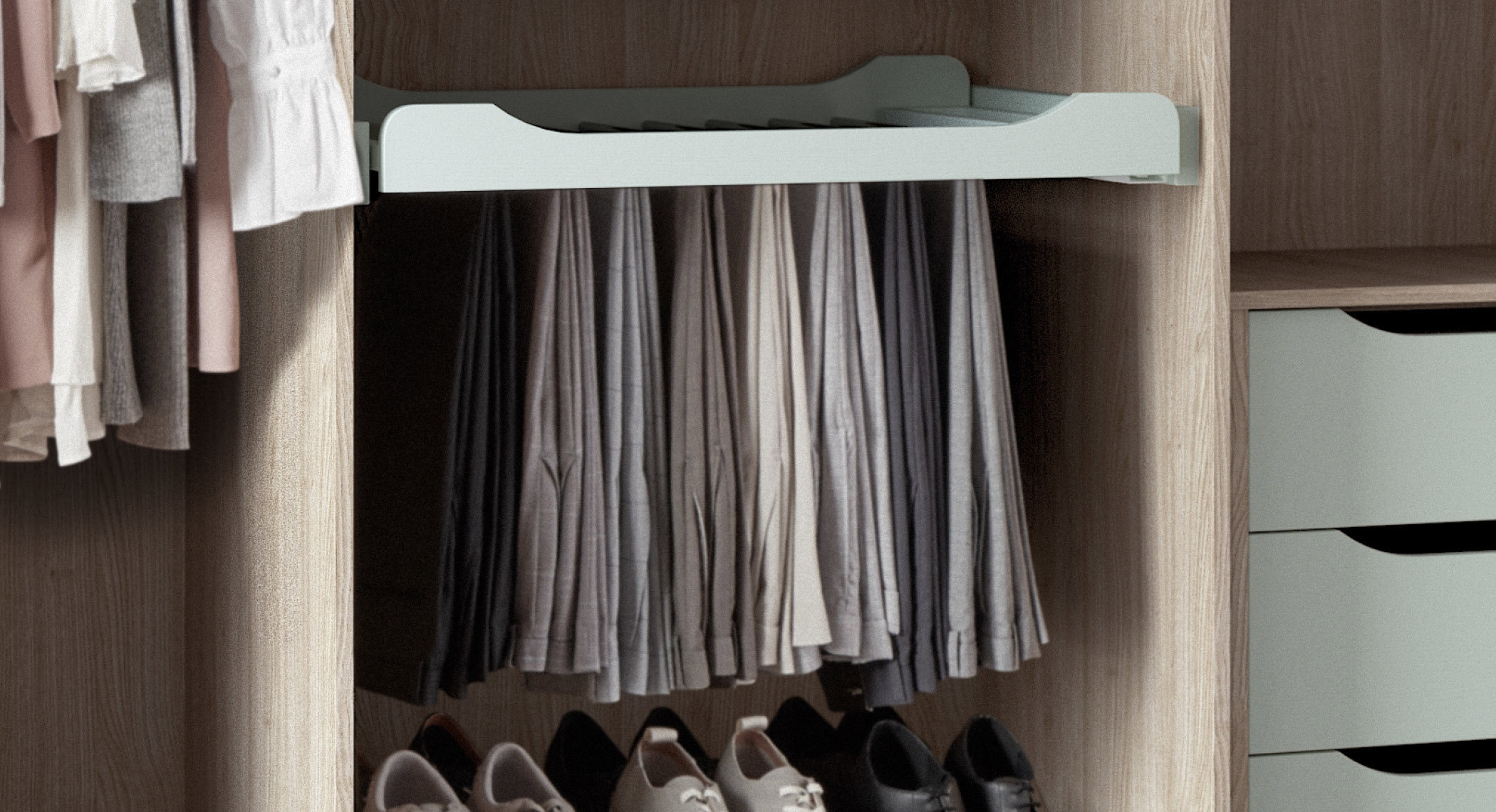 Pull out trouser rail wardrobe storage