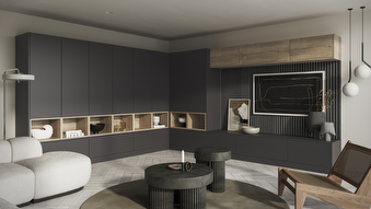 Aspen graphite fitted living room storage with Tuscan oak finish