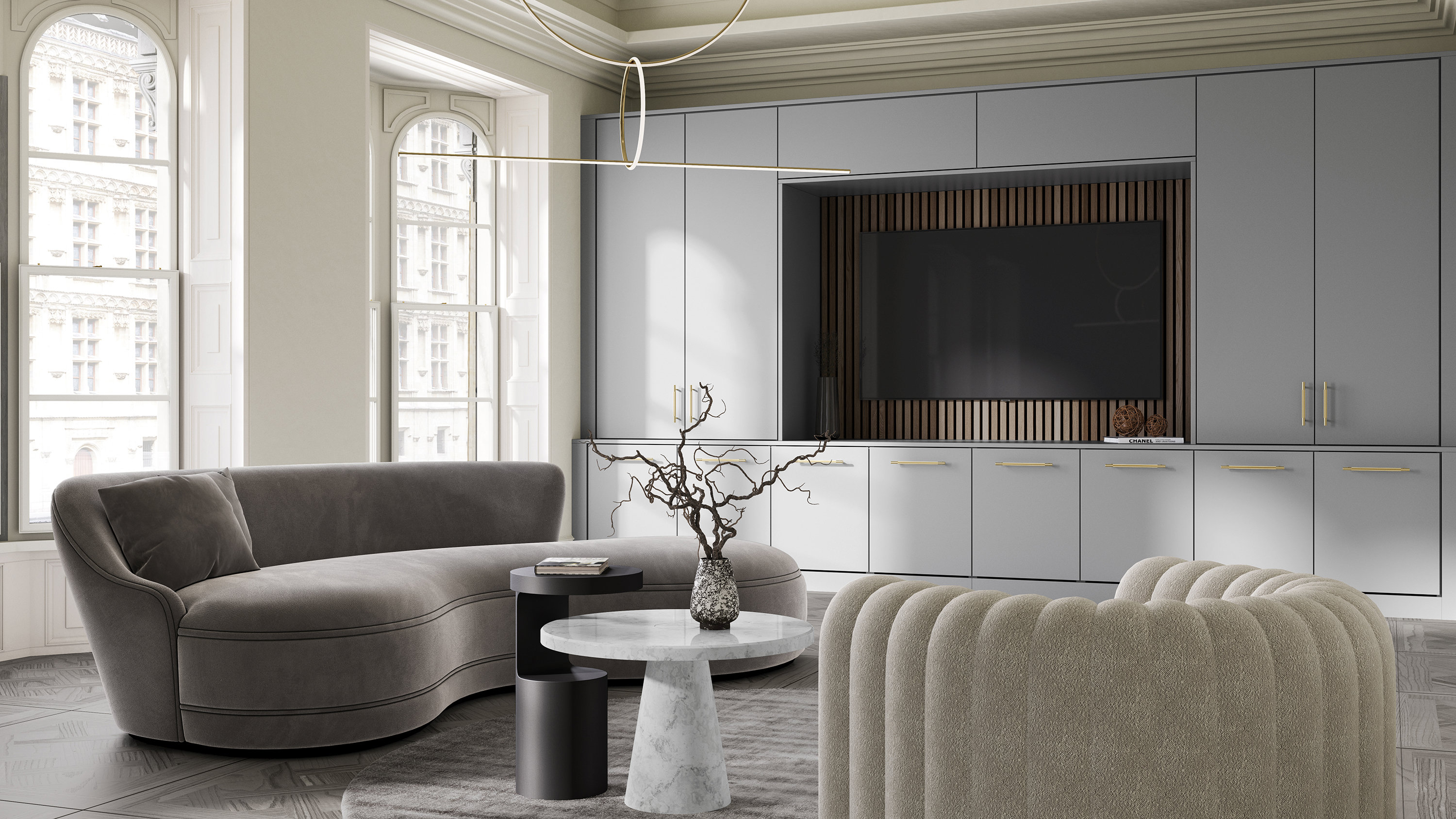 Aspen silver grey fitted living room furniture with cabinets