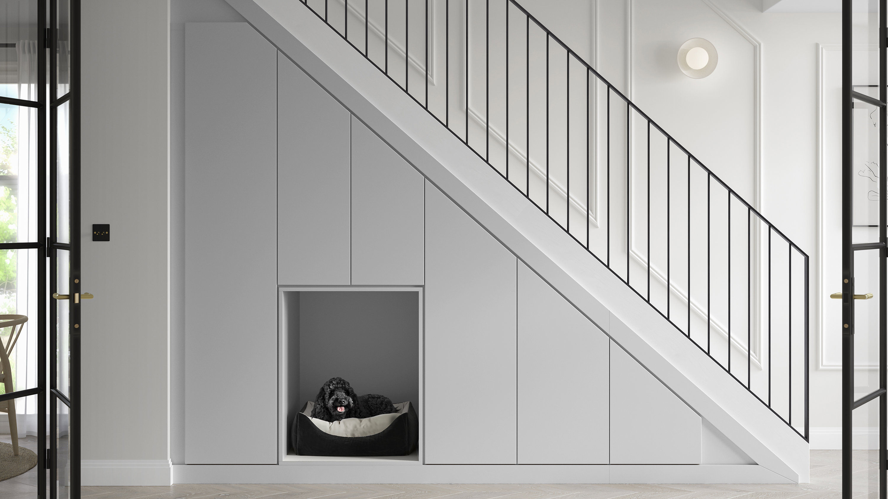 Contemporary light grey understairs storage design