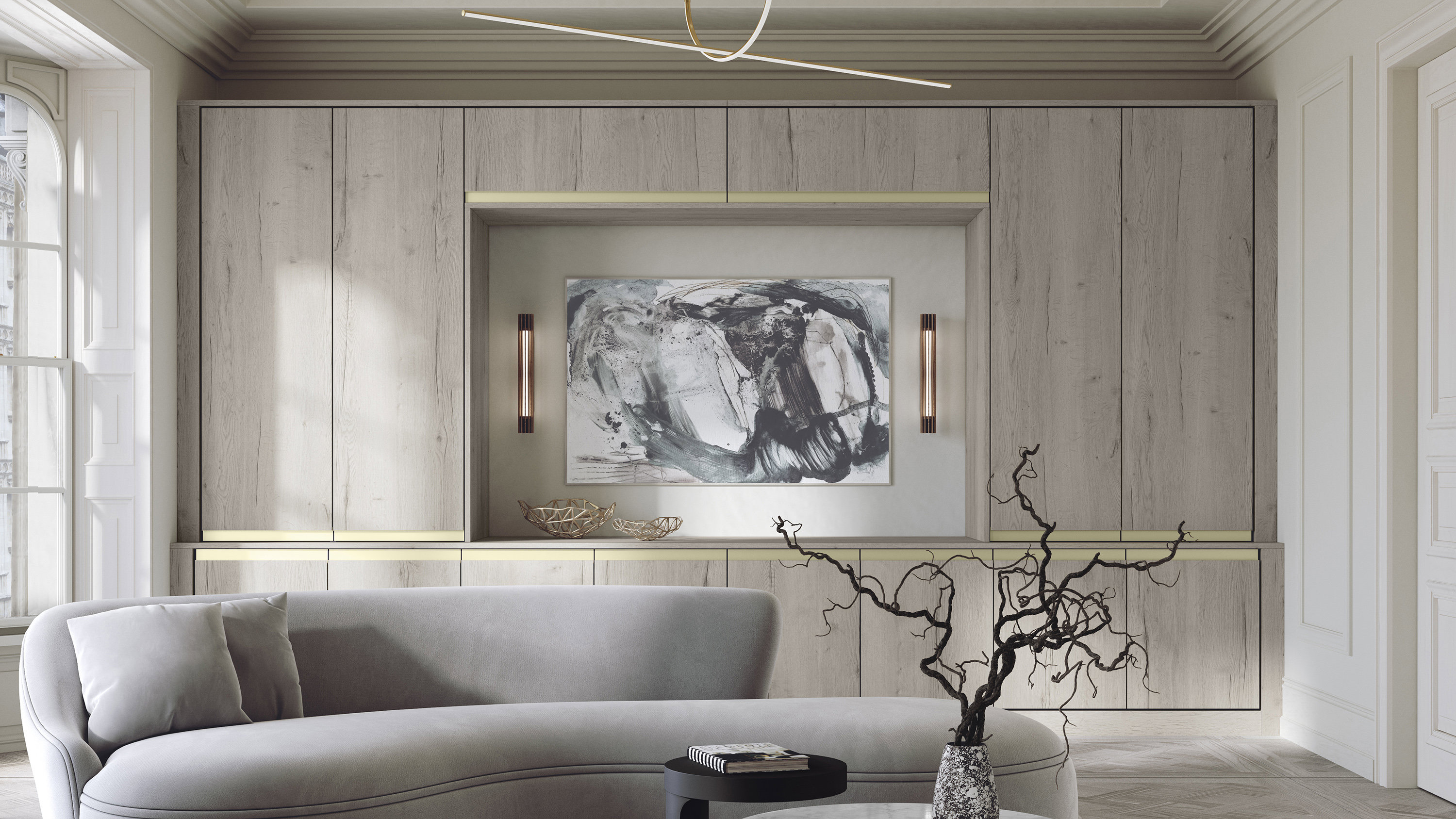 Linje driftwood fitted living room storage